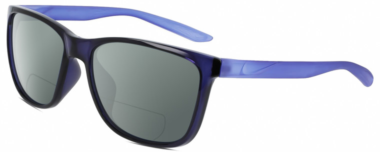 Profile View of NIKE Dawn-Ascent-556 Designer Polarized Reading Sunglasses with Custom Cut Powered Smoke Grey Lenses in Gloss Navy Blue Indigo Purple Crystal Unisex Panthos Full Rim Acetate 57 mm