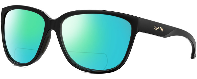 Profile View of Smith Optics Monterey Designer Polarized Reading Sunglasses with Custom Cut Powered Green Mirror Lenses in Gloss Black Gold Ladies Panthos Full Rim Acetate 58 mm