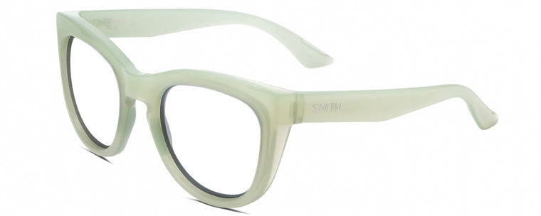 Profile View of Smith Optics Sidney Designer Reading Eye Glasses with Custom Cut Powered Lenses in Gloss Seafoam Green Crystal Ladies Cat Eye Full Rim Acetate 52 mm