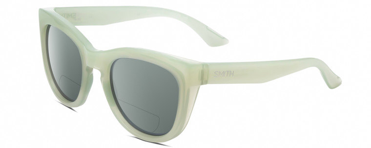 Profile View of Smith Optics Sidney Designer Polarized Reading Sunglasses with Custom Cut Powered Smoke Grey Lenses in Gloss Seafoam Green Crystal Ladies Cat Eye Full Rim Acetate 52 mm