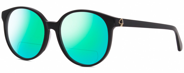 Profile View of Kate Spade ELIZA Designer Polarized Reading Sunglasses with Custom Cut Powered Green Mirror Lenses in Gloss Black Gold Ladies Round Full Rim Acetate 55 mm