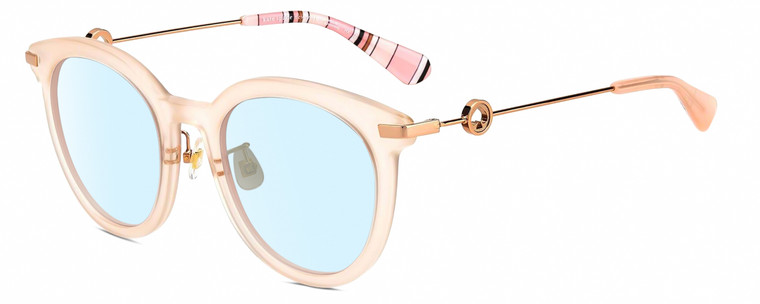 Profile View of Kate Spade KEESEY Designer Blue Light Blocking Eyeglasses in Gloss Blush Pink Crystal Rose Gold Black Stripes Ladies Cat Eye Full Rim Acetate 53 mm