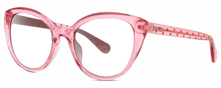 Profile View of Kate Spade AMBERLEE Designer Reading Eye Glasses in Gloss Watermelon Pink Crystal Red Heard Pattern Ladies Cat Eye Full Rim Acetate 55 mm