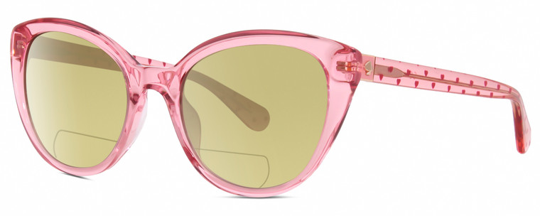 Profile View of Kate Spade AMBERLEE Designer Polarized Reading Sunglasses with Custom Cut Powered Sun Flower Yellow Lenses in Gloss Watermelon Pink Crystal Red Heard Pattern Ladies Cat Eye Full Rim Acetate 55 mm