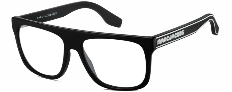Profile View of Marc Jacobs 357/S Designer Single Vision Prescription Rx Eyeglasses in Gloss Black White Unisex Square Full Rim Acetate 56 mm
