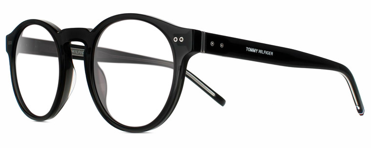 Profile View of Tommy Hilfiger TH 1795/S Designer Bi-Focal Prescription Rx Eyeglasses in Gloss Black Silver Unisex Round Full Rim Acetate 50 mm