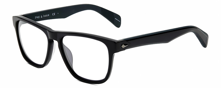 Profile View of Rag&Bone RNB5031/G/S Designer Bi-Focal Prescription Rx Eyeglasses in Gloss Black Iron Grey Unisex Square Full Rim Acetate 56 mm