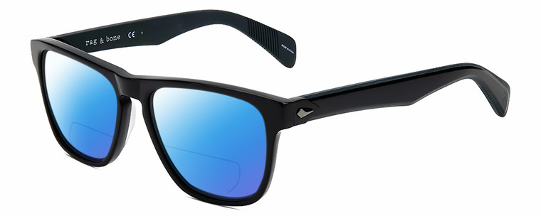 Profile View of Rag&Bone RNB5031/G/S Designer Polarized Reading Sunglasses with Custom Cut Powered Blue Mirror Lenses in Gloss Black Iron Grey Unisex Square Full Rim Acetate 56 mm