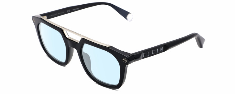 Profile View of Philipp Plein SPP001M Designer Blue Light Blocking Eyeglasses in Gloss Black Silver Unisex Square Full Rim Acetate 51 mm