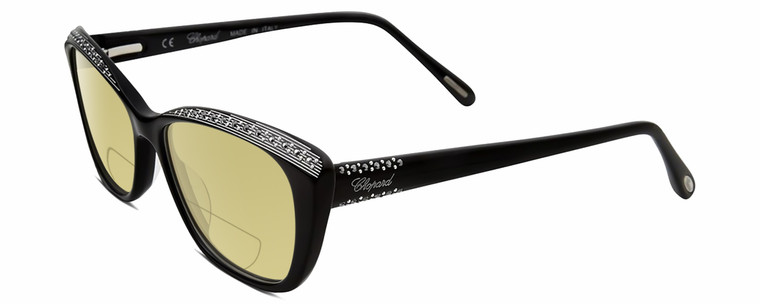 Profile View of Chopard VCH229S Designer Polarized Reading Sunglasses with Custom Cut Powered Sun Flower Yellow Lenses in Gloss Black Silver Gemstone Accents White Ladies Cat Eye Full Rim Acetate 54 mm
