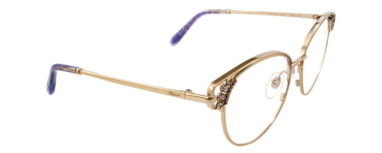 Profile View of Chopard VCHC51S Designer Reading Eye Glasses with Custom Cut Powered Lenses in Shiny 23KT Gold Plated Silver Gemstone Accents Lilac Purple Glitter Ladies Cat Eye Full Rim Metal 54 mm