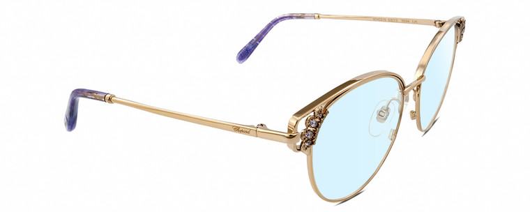 Profile View of Chopard VCHC51S Designer Blue Light Blocking Eyeglasses in Shiny 23KT Gold Plated Silver Gemstone Accents Lilac Purple Glitter Ladies Cat Eye Full Rim Metal 54 mm