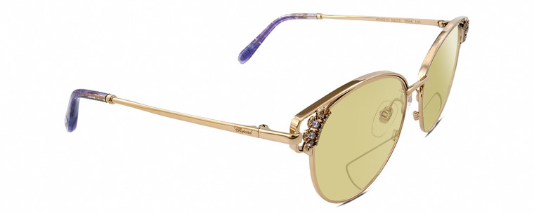 Profile View of Chopard VCHC51S Designer Polarized Reading Sunglasses with Custom Cut Powered Sun Flower Yellow Lenses in Shiny 23KT Gold Plated Silver Gemstone Accents Lilac Purple Glitter Ladies Cat Eye Full Rim Metal 54 mm