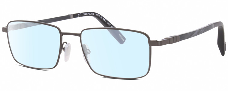 Profile View of Chopard VCHF28 Designer Blue Light Blocking Eyeglasses in Shiny Gunmetal Grey Black Mens Rectangular Full Rim Metal 53 mm