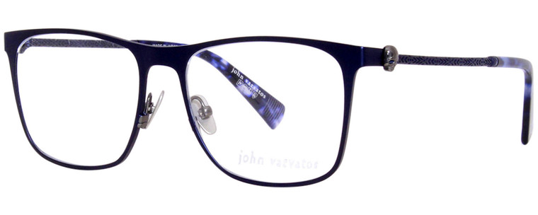 Profile View of John Varvatos V182 Designer Single Vision Prescription Rx Eyeglasses in Matte Navy Blue Gunmetal Skull Accents Unisex Square Full Rim Metal 55 mm