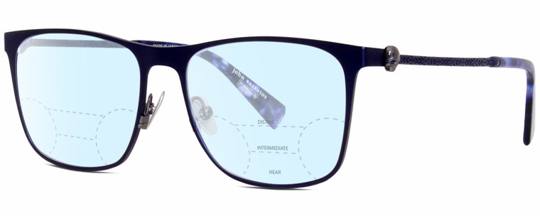 Profile View of John Varvatos V182 Designer Progressive Lens Blue Light Blocking Eyeglasses in Matte Navy Blue Gunmetal Skull Accents Unisex Square Full Rim Metal 55 mm