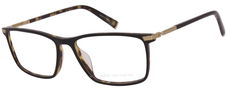 Profile View of John Varvatos V408 Designer Single Vision Prescription Rx Eyeglasses in Gloss Brown Beige Demi Tortoise Havana Black Unisex Rectangular Full Rim Acetate 58 mm