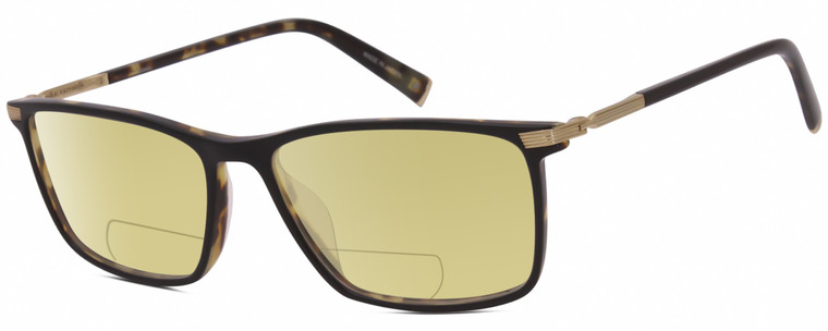 Profile View of John Varvatos V408 Designer Polarized Reading Sunglasses with Custom Cut Powered Sun Flower Yellow Lenses in Gloss Brown Beige Demi Tortoise Havana Black Unisex Rectangular Full Rim Acetate 58 mm