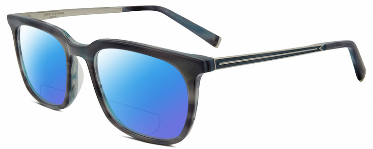 Profile View of John Varvatos V411 Designer Polarized Reading Sunglasses with Custom Cut Powered Blue Mirror Lenses in Gloss Grey Blue Marble Silver Unisex Square Full Rim Acetate 51 mm