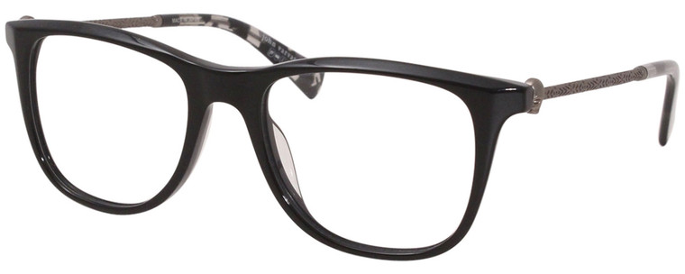 Profile View of John Varvatos V418 Designer Blue Light Blocking Eyeglasses in Gloss Black Gunmetal Skull Accents Clear Unisex Panthos Full Rim Acetate 52 mm