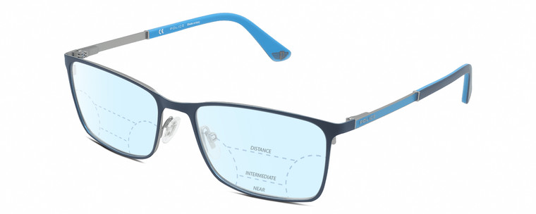 Profile View of Police VPLA46 Designer Progressive Lens Blue Light Blocking Eyeglasses in Matte Navy Blue Cyan Silver Unisex Rectangular Full Rim Metal 56 mm