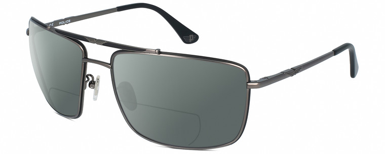 Profile View of Police SPL965 Designer Polarized Reading Sunglasses with Custom Cut Powered Smoke Grey Lenses in Dark Gunmetal Matte Black Unisex Pilot Full Rim Metal 63 mm