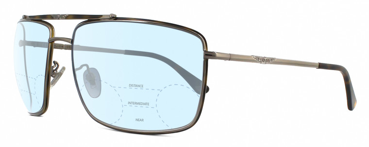 Profile View of Police SPL965 Designer Progressive Lens Blue Light Blocking Eyeglasses in Shiny Gunmetal Matte Brown Tortoise Havana Unisex Pilot Full Rim Metal 63 mm