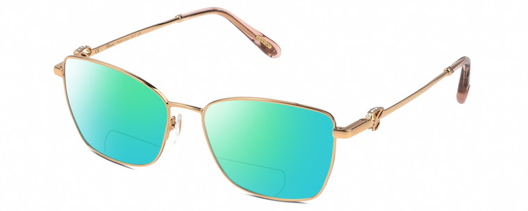 Profile View of Chopard VCHF50S Designer Polarized Reading Sunglasses with Custom Cut Powered Green Mirror Lenses in 24KT Rose Gold Plated Pink Crystal Silver Gemstone Accents Ladies Cat Eye Full Rim Metal 55 mm