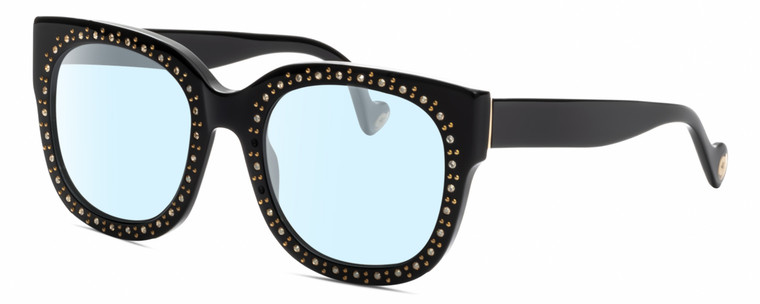 Profile View of Elton John LEGEND Designer Blue Light Blocking Eyeglasses in Gloss Black Gold Silver Gemstone Ladies Cat Eye Full Rim Acetate 52 mm