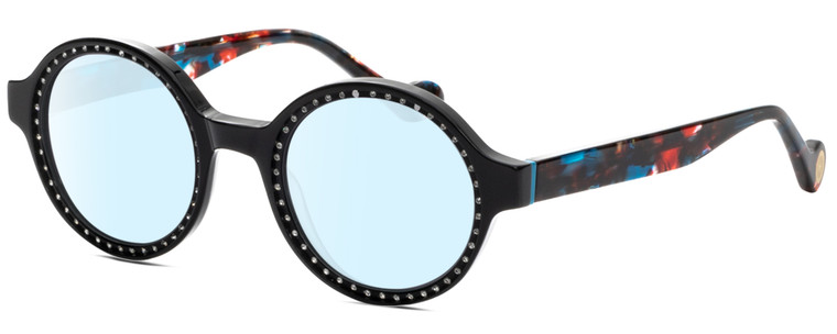 Profile View of Elton John WIZARD Designer Blue Light Blocking Eyeglasses in Black Red Blue Psychedelic Rainbow Multicolor Ladies Round Full Rim Acetate 48 mm