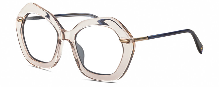 Profile View of Elton John A-LIST Designer Bi-Focal Prescription Rx Eyeglasses in Blush Pink Crystal Navy Blue Gold Ladies Hexagonal Full Rim Acetate 55 mm