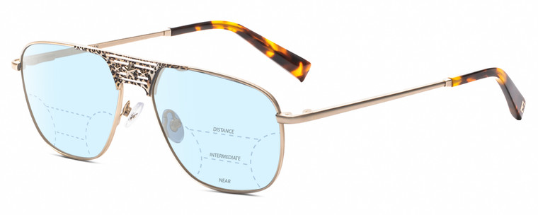 Profile View of Elton John CONCORDE 3 Designer Progressive Lens Blue Light Blocking Eyeglasses in Light Gold Cheetah Print Tortoise Unisex Pilot Full Rim Metal 56 mm