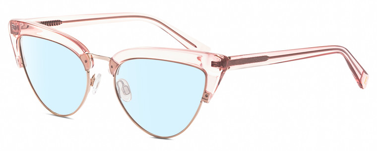 Profile View of Elton John DOO WOP 1 Designer Blue Light Blocking Eyeglasses in Rose Pink Crystal Gold Ladies Cat Eye Full Rim Acetate 54 mm
