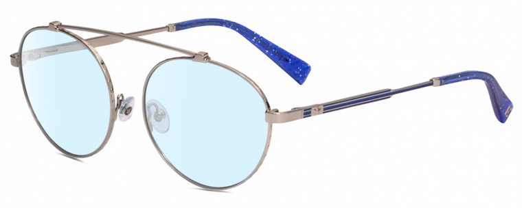 Profile View of Elton John DREAMER 3 Designer Blue Light Blocking Eyeglasses in Platinum Silver Cobalt Blue Glitter Unisex Round Full Rim Metal 54 mm