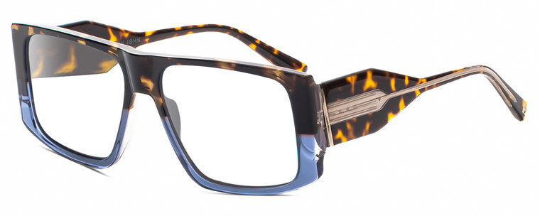 Profile View of Elton John LUCKY STAR 1 Designer Progressive Lens Blue Light Blocking Eyeglasses in Tortoise Havana Brown Fade Stone Blue Crystal Unisex Square Full Rim Acetate 58 mm