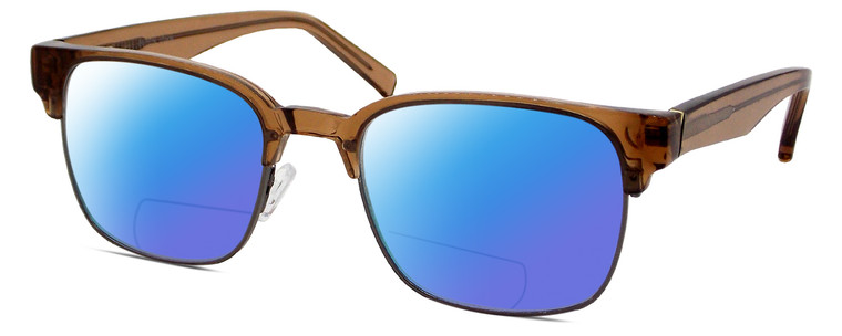 Profile View of Elton John PRIZE WINNER Designer Polarized Reading Sunglasses with Custom Cut Powered Blue Mirror Lenses in Brown Crystal Black Gunmetal Unisex Panthos Full Rim Acetate 52 mm