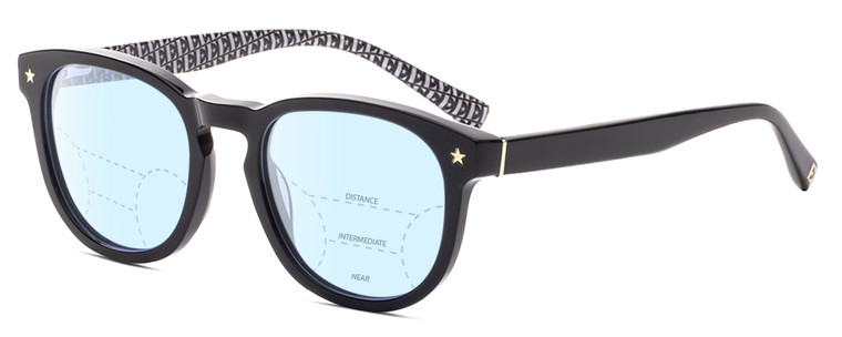 Profile View of Elton John SONATA Designer Progressive Lens Blue Light Blocking Eyeglasses in Vinyl Black White E Pattern Unisex Panthos Full Rim Acetate 48 mm
