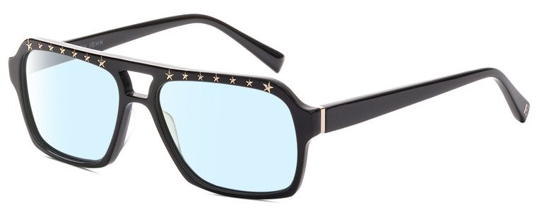 Profile View of Elton John VIP Designer Blue Light Blocking Eyeglasses in Vinyl Black Gold Stars Unisex Square Full Rim Acetate 56 mm