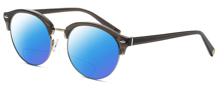 Profile View of Elton John WOODSTOCK Designer Polarized Reading Sunglasses with Custom Cut Powered Blue Mirror Lenses in Moss Brown Grey Crystal Silver Unisex Oval Full Rim Metal 53 mm