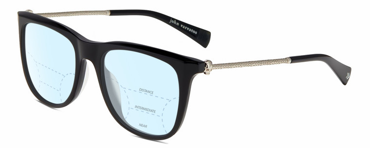 Profile View of John Varvatos V544 Designer Progressive Lens Blue Light Blocking Eyeglasses in Gloss Black Silver Skull Unisex Square Full Rim Acetate 54 mm