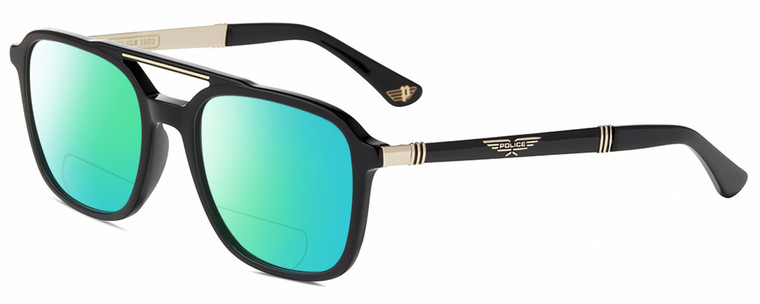 Profile View of Police SPLA53 Designer Polarized Reading Sunglasses with Custom Cut Powered Green Mirror Lenses in Gloss Black Gold Unisex Panthos Full Rim Acetate 55 mm