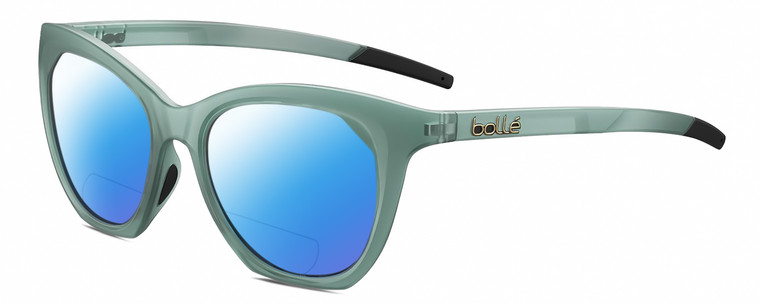 Profile View of Bolle PRIZE Designer Polarized Reading Sunglasses with Custom Cut Powered Blue Mirror Lenses in Matte Frost Green Grey Crystal Ladies Cat Eye Full Rim Acetate 51 mm