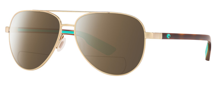 Profile View of Costa Del Mar Peli Designer Polarized Reading Sunglasses with Custom Cut Powered Amber Brown Lenses in Brushed Gold Brown Tortoise Havana Turquoise Unisex Pilot Full Rim Metal 57 mm