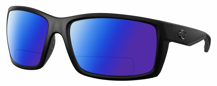 Profile View of Costa Del Mar Reefton Designer Polarized Reading Sunglasses with Custom Cut Powered Blue Mirror Lenses in Matte Black Blackout Unisex Rectangular Full Rim Acetate 64 mm