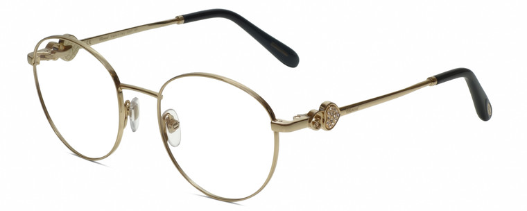 Profile View of Chopard VCHC52S-0300 Designer Bi-Focal Prescription Rx Eyeglasses in Shiny 23KT Gold Plated/Black/Heart Gemstone Accent Ladies Round Full Rim Metal 51 mm