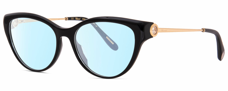 Profile View of Chopard VCH323S-0700 Designer Blue Light Blocking Eyeglasses in Gloss Black/23KT Gold Plated/Gemstone Accent Ladies Cat Eye Full Rim Acetate 53 mm