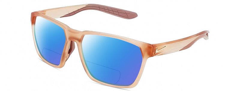 Profile View of NIKE MAVERICK S M DJ Designer Polarized Reading Sunglasses with Custom Cut Powered Blue Mirror Lenses in Washed Coral Pink Orange Frosted Crystal Unisex Rectangular Full Rim Acetate 55 mm
