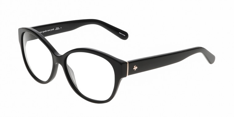 Profile View of Kate Spade KIERST2-807-Y7 Designer Blue Light Blocking Eyeglasses in Gloss Black Silver Logo Ladies Cat Eye Full Rim Acetate 56 mm