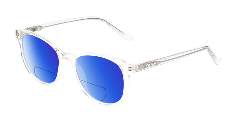 Profile View of QUAY Australia Blueprint Designer Polarized Reading Sunglasses with Custom Cut Powered Blue Mirror Lenses in Clear Crystal Silver Unisex Round Full Rim Acetate 51 mm