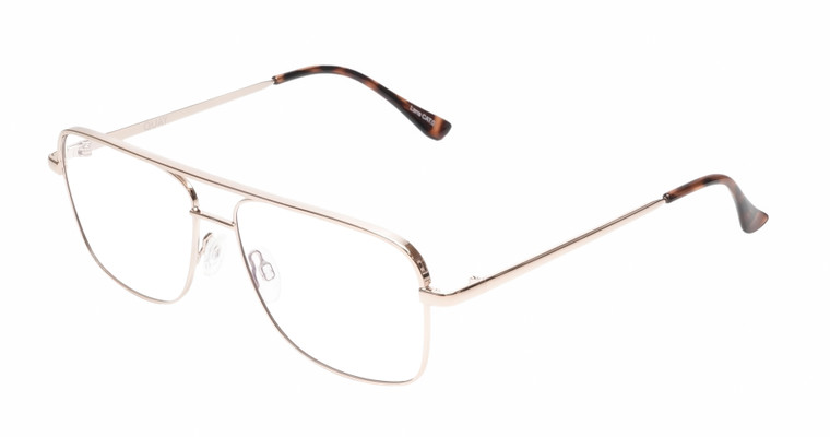 Profile View of QUAY Australia Poster Boy Mini Designer Single Vision Prescription Rx Eyeglasses in Shiny Gold Brown Tortoise Havana Unisex Pilot Full Rim Metal 57 mm